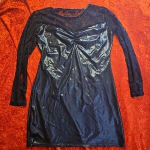 Black Lace and Wetlook Mini Dress - Pu Leather Look - Size Medium/large